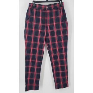 Hollister Women's High Rise Ankle Red Navy Plaid Pants Size Medium Stretch